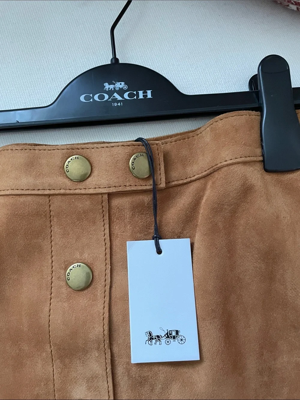 Coach Camel Suede Button-Front Midi Skirt